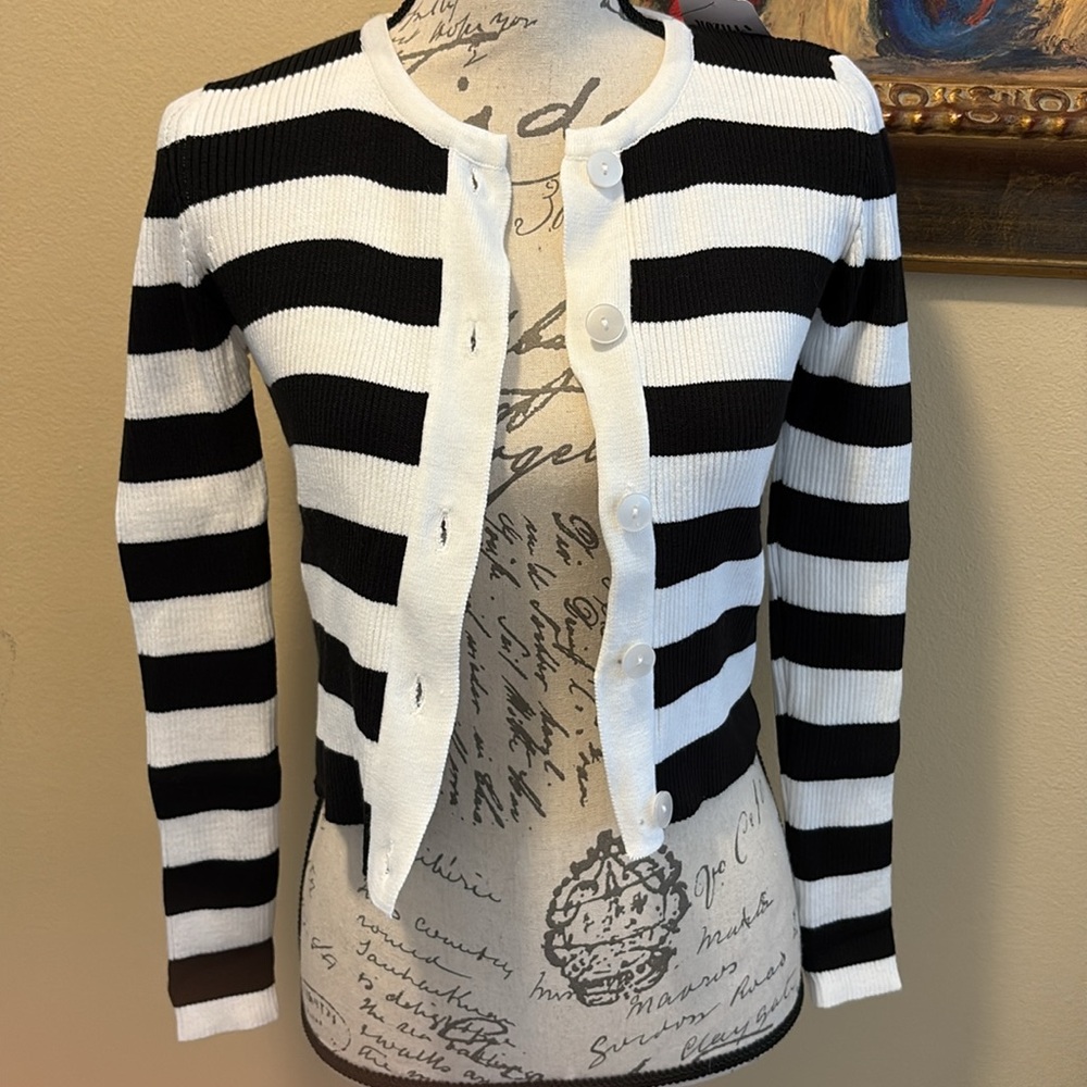 Classic Veranda Striped MOP button-down long sleeve ribbed stretchy cardigan